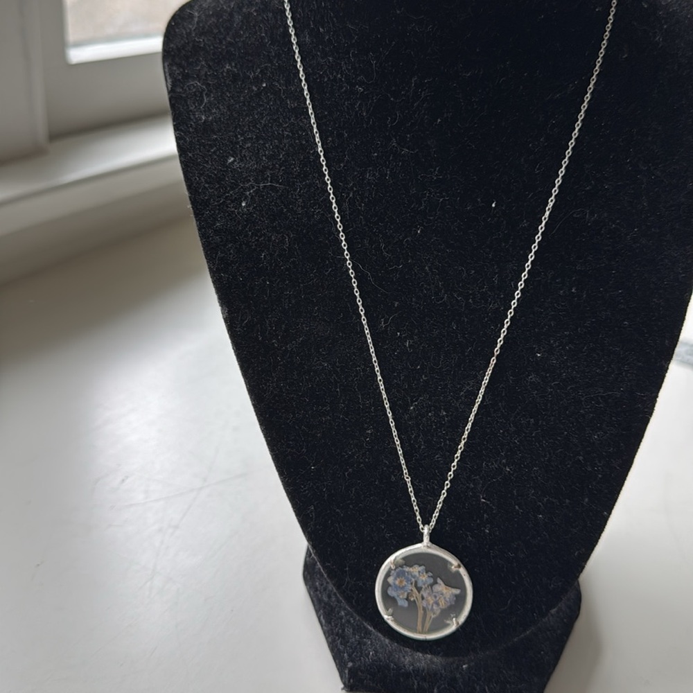 Catherine Weitzman silver plated necklace with pressed “forget me not “ flowers.